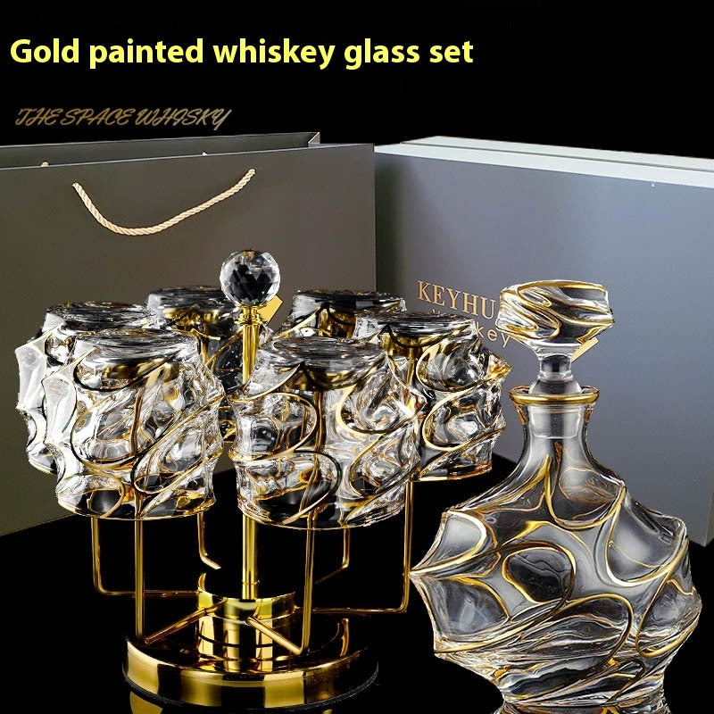 Luxury Gold Whiskey Shot Glass Wine Bottle Stainless Steel Rotating Cup Holder Gift Set Crystal Glass Wine Glass