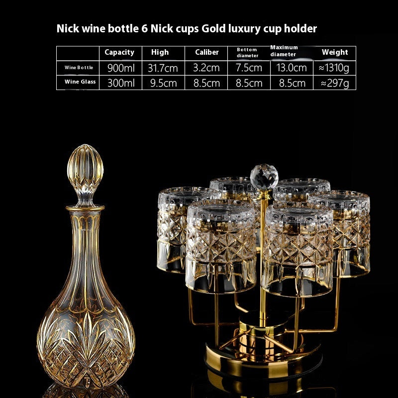 Luxury Gold Whiskey Shot Glass Wine Bottle Stainless Steel Rotating Cup Holder Gift Set Crystal Glass Wine Glass