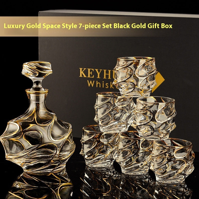 Luxury Gold Whiskey Shot Glass Wine Bottle Stainless Steel Rotating Cup Holder Gift Set Crystal Glass Wine Glass