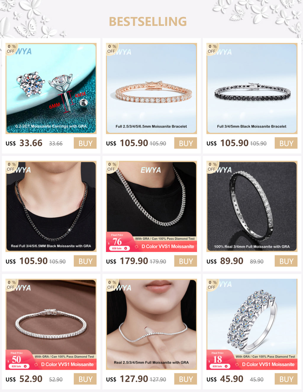 EWYA Luxury 1/2/3/5CT Real D Color Moissanite Pendant Necklace For Women Men 925 Silver Plated 18K Bridal Neck Fine Jewelry Gift