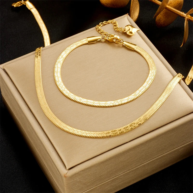 DIEYURO 316L Stainless Steel Gold Color Snake Chain Necklace Bracelets For Women Girl New Waterproof Jewelry Set Wedding Gift
