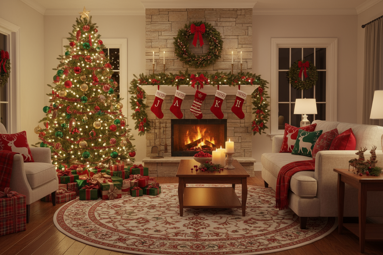 a well decorated livingroom with christmas theme