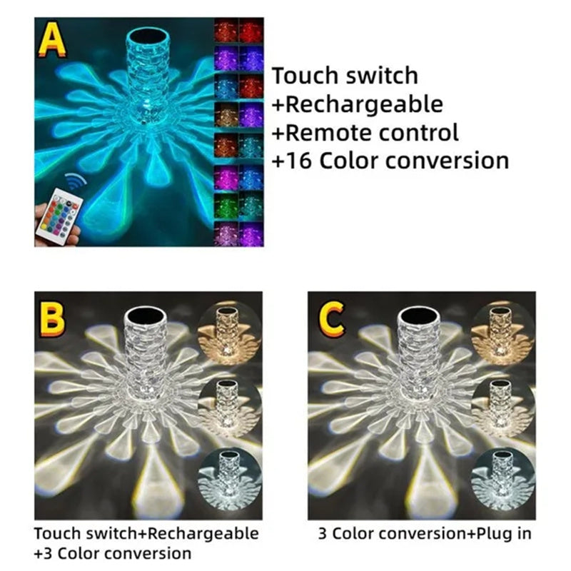 Crystal Table Lamp Rechargeable Diamond Night Light With Teardrop Shape Bedside LED Lights Lamp 3 And 16Color Touch Lamp For Home Bedroom Decor